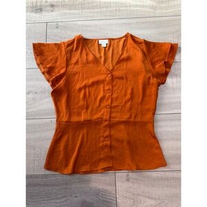 Liz Claiborne Womens Burnt Orange Button Front Peplum Flutter Sleeve Blouse M